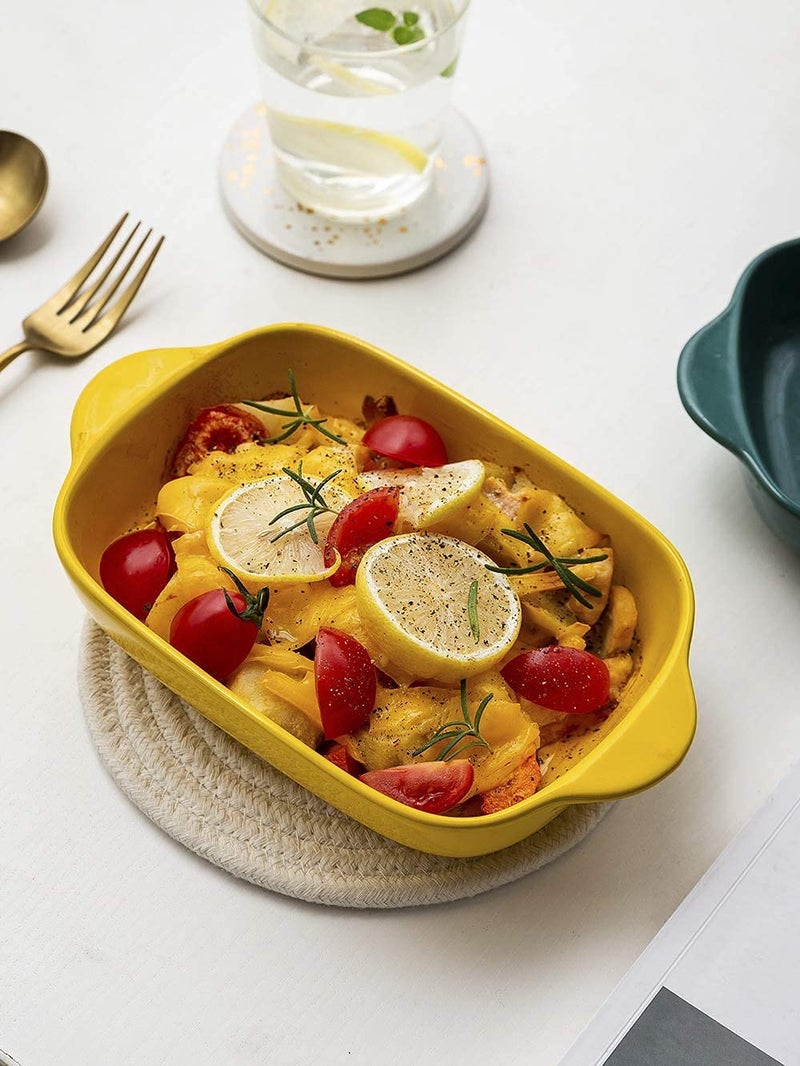 Trifecta طبق خزفي للخبز بلون غير لامع، طبق كسرولة مستطيل مع مقبض للفرن، صينية خبز خزفية، صينية لازانيا، أدوات خبز فردية 9x5 بوصة (عبوة صفراء - 2) - Image 2