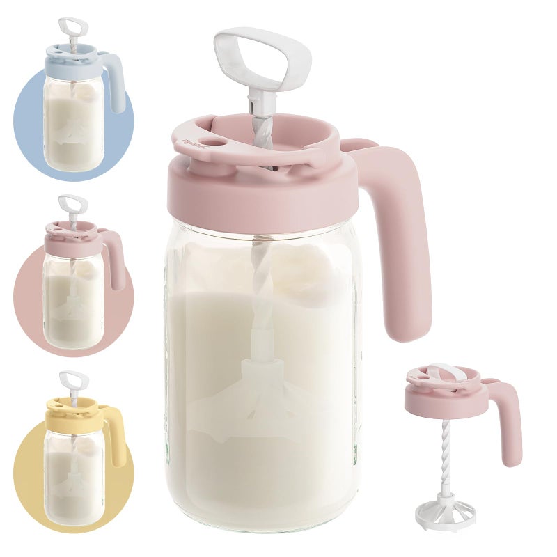 Papablic Glass Formula Pitcher, Fast Baby Breastmilk Maker with Mixing Handle Lid, Wide Mouth Mason Jar Breast Milk Storage Container with Flip-Lock Spout, BPA-Free, Pink - Image 1