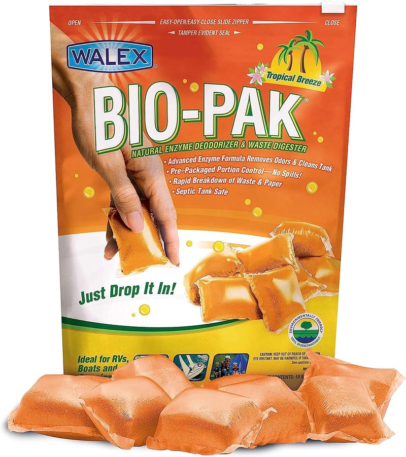 WALEX BIOTROPBG Bio-Pak Natural Holding Tank Deodorizer and Waste Digester Drop-Ins, Tropical Breeze Scent (Pack of 10) - Image 1