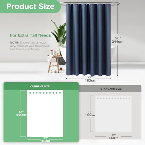 Dynamene Extra Long Shower Curtain,96 Inch Long Waffle Weave Heavy Duty Thick Fabric Bathroom Shower Curtain, Neutral Weighted Hotel Bath Curtain Set with 12 Plastic Hooks,72x96,Navy Blue - Image 3