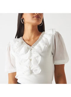 2Xtremz 2Xtremz Embellished Trim Top with Ruffle Detail and Puff Sleeves  - Image 2