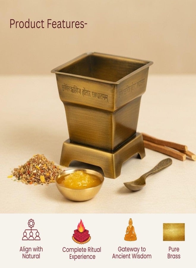 Ritualistic Handcrafted Brass Hawan Kund with Spoon-Small | 100% Pure Brass Havan Kund for Daily Pooja,Yagya & Agnihotra | Antique Finish with Vedic Shloka Engraving | Festival & Housewarming Gift Set - Image 2