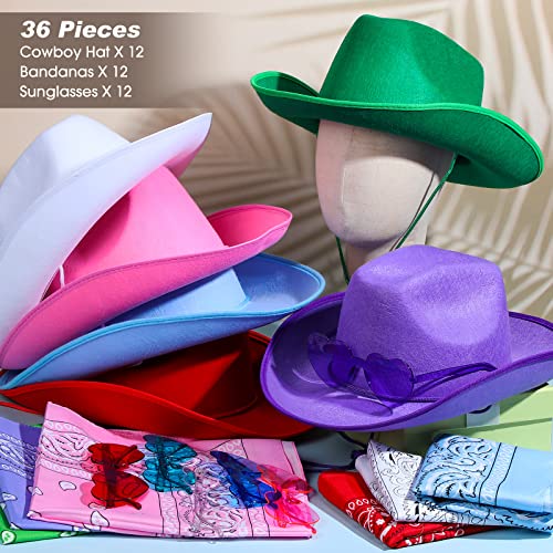 Coume 36 Pieces Halloween Adult Cowboy Hat with Bandanna Heart Sunglasses Unisex Felt Cowboy Hat Men Women Western Party Costume(Multicolor) - Image 2