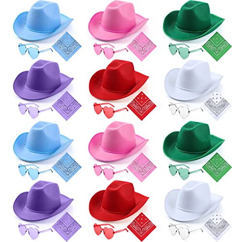 Coume 36 Pieces Halloween Adult Cowboy Hat with Bandanna Heart Sunglasses Unisex Felt Cowboy Hat Men Women Western Party Costume(Multicolor) - Image 1