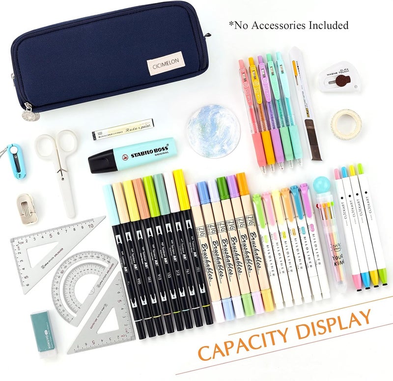 سيسيميلون حقيبة أقلام كبيرة السعة مكونة من 3 أقسام وحقيبة أقلام للمدرسة والمراهقات والبنات والرجال والنساء، باللون الأزرق الداكن، خفيفة الوزن، مناسبة للسفر - Image 2
