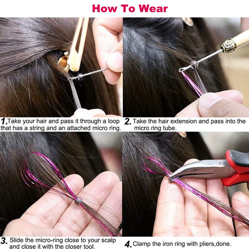 YOOONXI Pink Hair Tinsel Kit with Tool 6pcs 1200 Strands Glitter Tinsel Hair Extensions Heat Resistant Sparkling Shiny Fairy Hair Accessories for Women Girls Kids 47Inch - Image 4