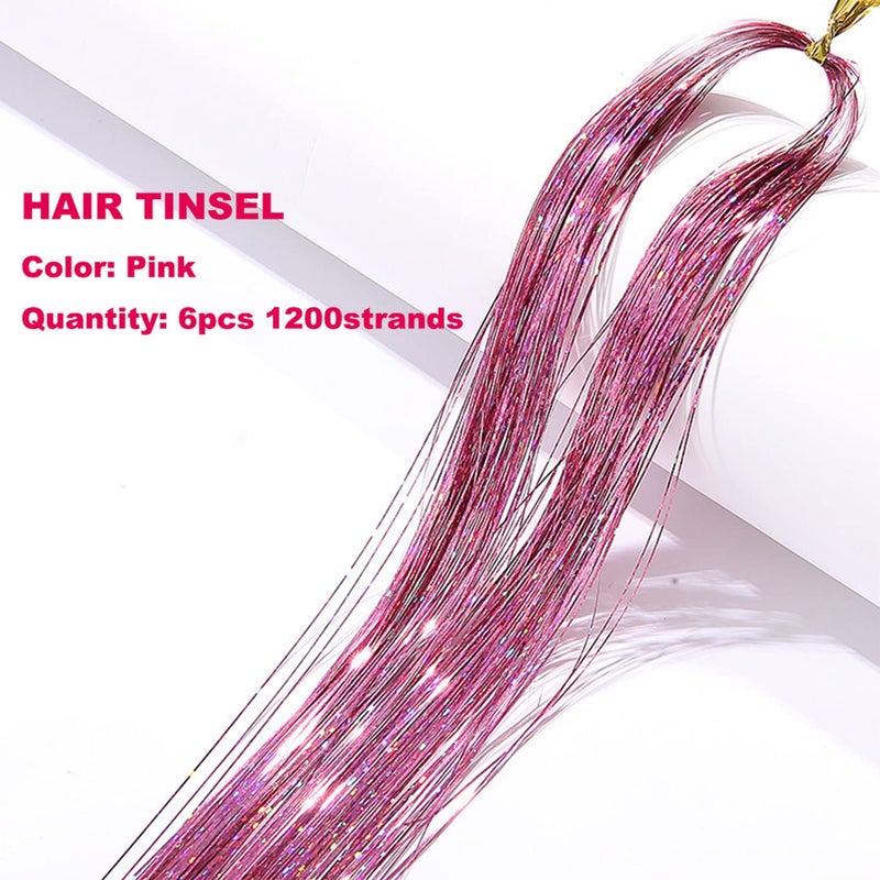YOOONXI Pink Hair Tinsel Kit with Tool 6pcs 1200 Strands Glitter Tinsel Hair Extensions Heat Resistant Sparkling Shiny Fairy Hair Accessories for Women Girls Kids 47Inch - Image 2