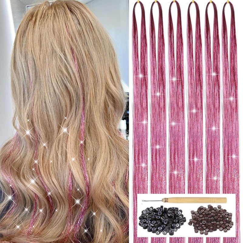 YOOONXI Pink Hair Tinsel Kit with Tool 6pcs 1200 Strands Glitter Tinsel Hair Extensions Heat Resistant Sparkling Shiny Fairy Hair Accessories for Women Girls Kids 47Inch - Image 1