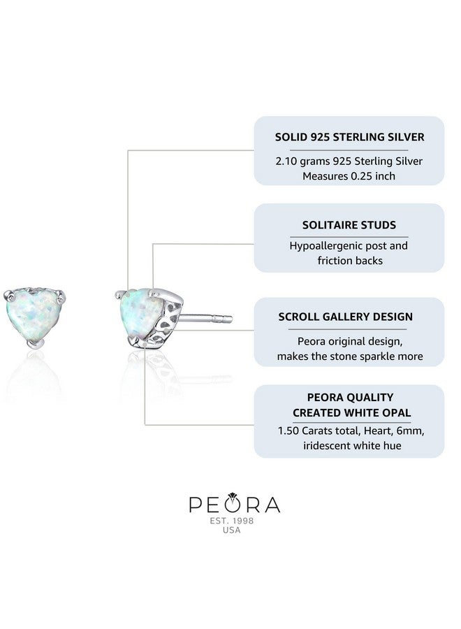 PEORA Created White Opal Stud Earrings 925 Sterling Silver Solitaire Heart Shape 6Mm 1.50 Carats Total Scroll Design Friction Backs - Image 4