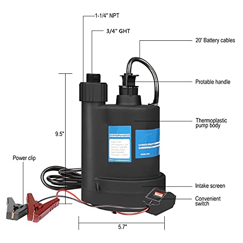 FLOWPAC Water Pump Submersible Pump DC 12V Sump Pump 1500 GPH Utility Pump With Switch-Black - Image 3