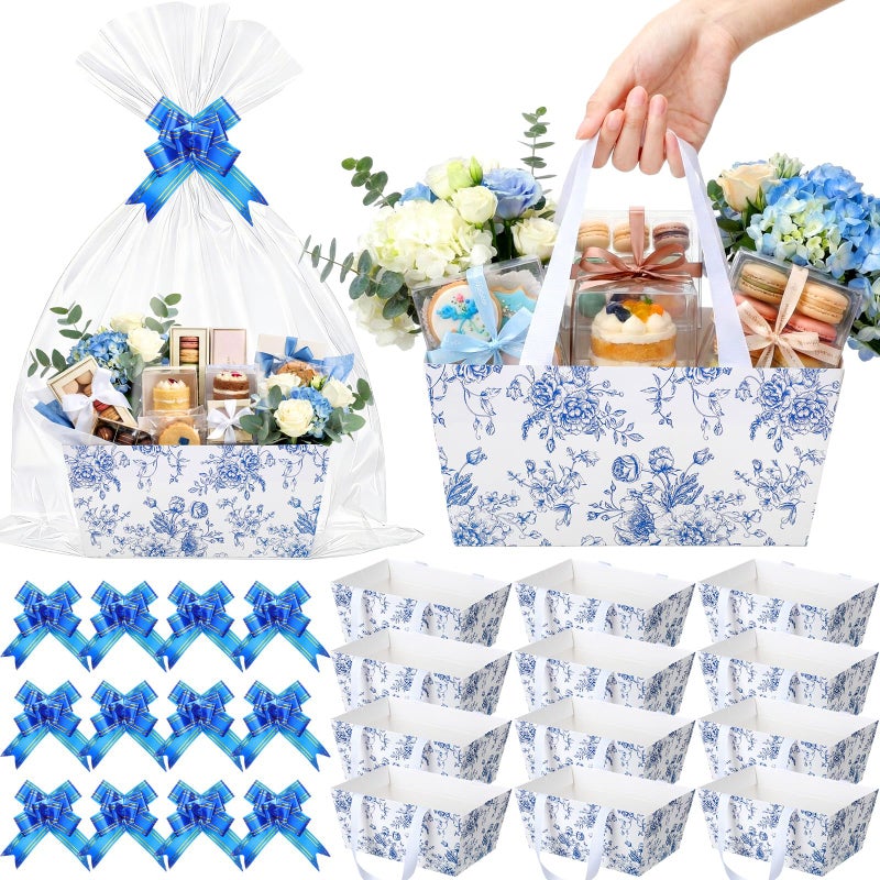 Funnymoom 12 Pcs Easter Gift Baskets Empty with Cellophane Bags and Ribbon Bows, Plaid Paper Gift Baskets for Eggs, Candy, Party Favors, Spring Party Supplies 9.8 x 6.5 x 4.3 Inch - Image 1