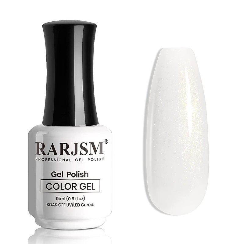 RARJSM Milky White Gel Nail Polish with Glitter Gold Shimmer Pigment Jelly Cream White Nude Gel Polish Neutral Color 15ml Sparkle Natural Color Soak off UV LED Cured for Home Salon DIY Nail Art - Image 3