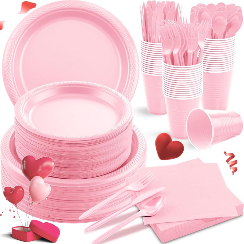 MirthMood 350pcs Pink Party Supplies Set Disposable Plates Including Pink Plastic Plates 12OZ Cups Plastic Cutlery and Paper Napkins Serve 50 Guests for Wedding  Birthday  Party