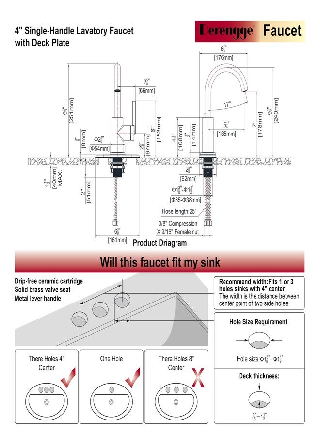 Derengge Bathroom Faucet,Single Handle Bathroom Sink Faucet with Water Supply Line,1 Hole or 3 Hole Lavatory Vantity Faucet with Pop-up Drain,Warm White Finished,F-1328-WW - Image 3
