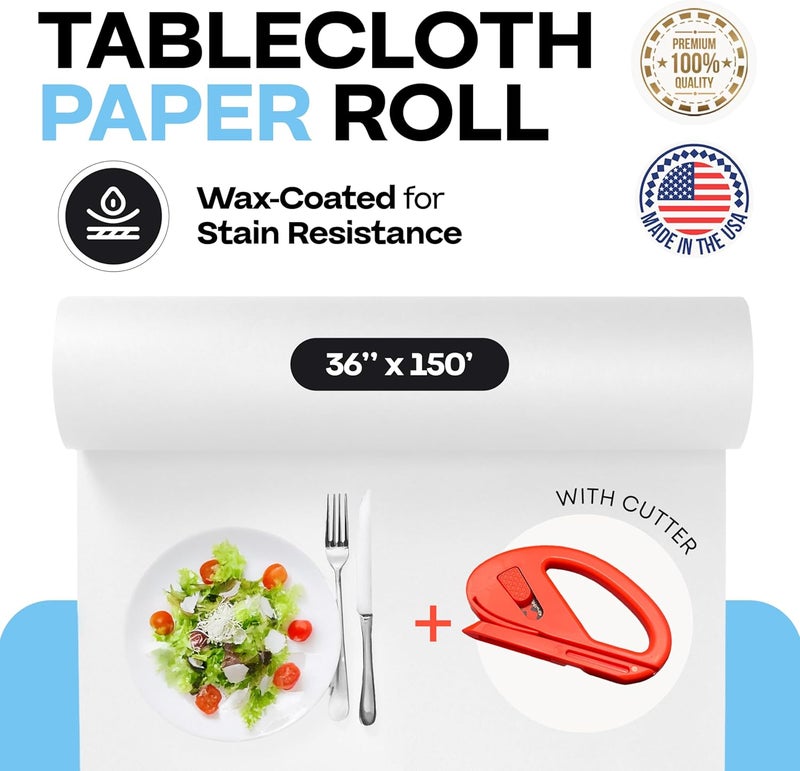 IDL Packaging White Tablecloth Paper Roll 36 x 1800 150 feet 450 sqft with Cutter  USAMade Natural White Paper Table Runner  100 Recycled Disposable Kraft Material for Table Covering - Image 2