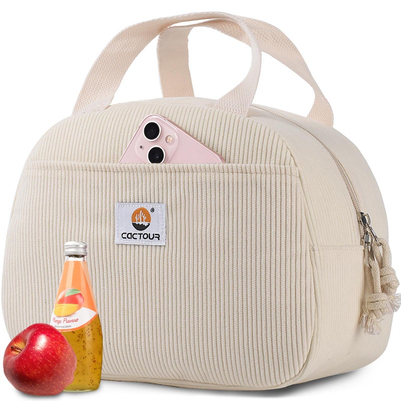CaCTOUR Lunch Bag Lunch Box for Women Girls Teens, Cute Lunch Box Cooler Bag,Portable Small Reusable Corduroy Insulated LunchBox for Work/Travel/Picnic/School (Beige) - Image 1