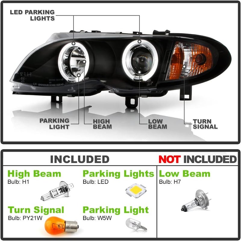 ACANII LED Halo Black Projector Headlights for 2002-2005 BMW E46 Sedan 3-Series - Image 2