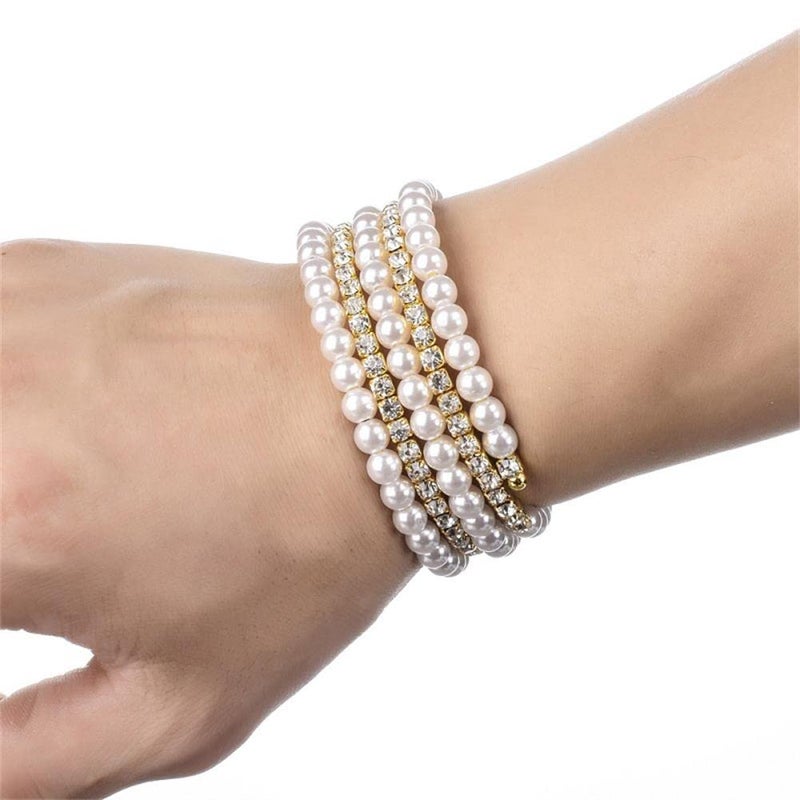 Kicomvi Imitition Pearl Stretch Bracelet Multilayer Crystals Pearl Elastic Bangle for Women Wedding Jewelry 1920s Costume-A gold - Image 2