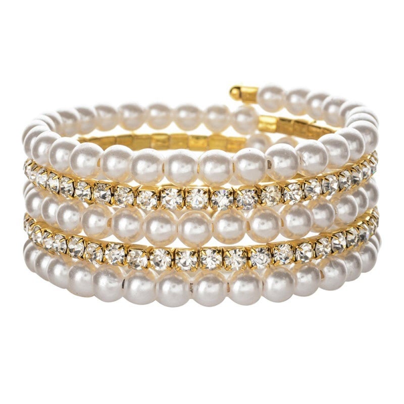 Kicomvi Imitition Pearl Stretch Bracelet Multilayer Crystals Pearl Elastic Bangle for Women Wedding Jewelry 1920s Costume-A gold - Image 1