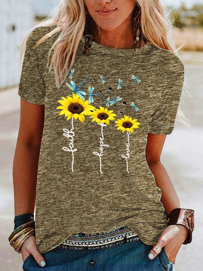 Wish Dragonfly Sunflower Pattern Print Contrast Color Short Sleeve T-Shirt For Women - Image 3