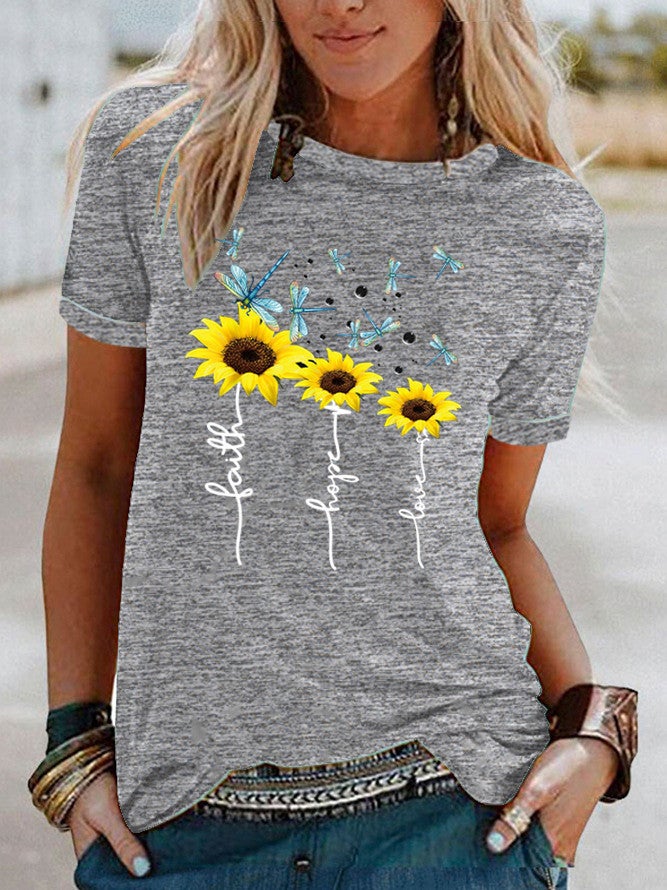 Wish Dragonfly Sunflower Pattern Print Contrast Color Short Sleeve T-Shirt For Women - Image 1