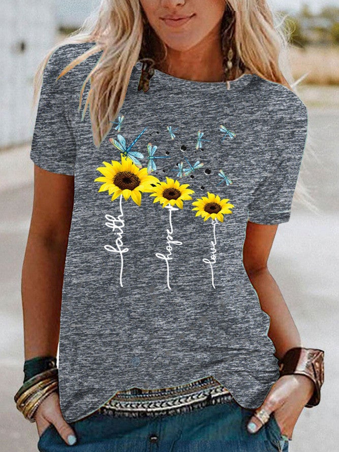 Wish Dragonfly Sunflower Pattern Print Contrast Color Short Sleeve T-Shirt For Women - Image 5