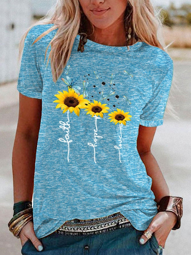 Wish Dragonfly Sunflower Pattern Print Contrast Color Short Sleeve T-Shirt For Women - Image 4