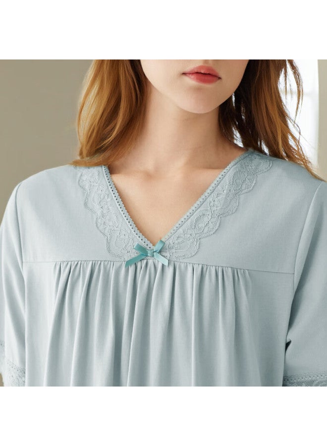 Fenton Fenteng New V-neck Nightgown Women Summer Pure Cotton Short Sleeve Lace Pajamas Mid-length Nightdress Blue Green 3XL - Image 1