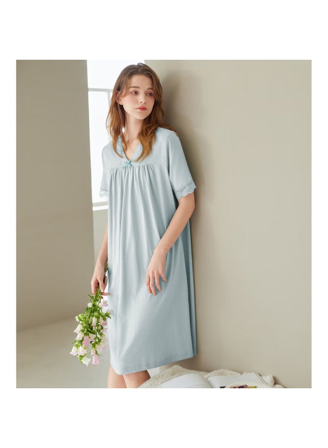 Fenton Fenteng New V-neck Nightgown Women Summer Pure Cotton Short Sleeve Lace Pajamas Mid-length Nightdress Blue Green 3XL - Image 2