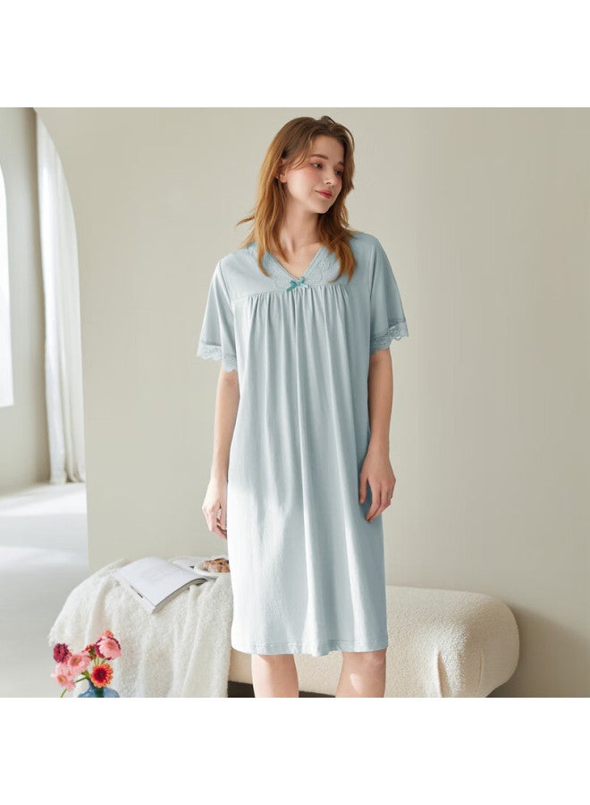 Fenton Fenteng New V-neck Nightgown Women Summer Pure Cotton Short Sleeve Lace Pajamas Mid-length Nightdress Blue Green 3XL - Image 3