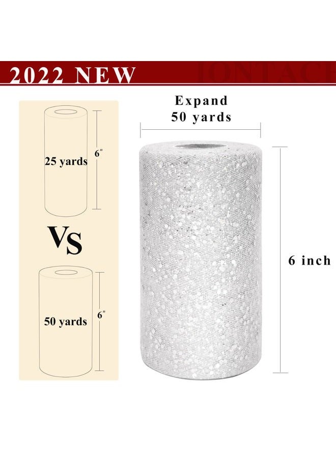 IONTACH Glitter Tulle Rolls 6 Inch by 50 Yards Sequin Tulle Fabric Ribbon for DIY Tutu Skirt Sewing Bow Wedding Decorations Craft Supplies (White-Silver) - Image 2