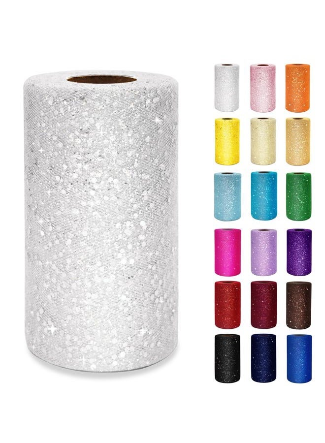 IONTACH Glitter Tulle Rolls 6 Inch by 50 Yards Sequin Tulle Fabric Ribbon for DIY Tutu Skirt Sewing Bow Wedding Decorations Craft Supplies (White-Silver) - Image 1