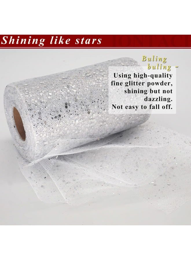 IONTACH Glitter Tulle Rolls 6 Inch by 50 Yards Sequin Tulle Fabric Ribbon for DIY Tutu Skirt Sewing Bow Wedding Decorations Craft Supplies (White-Silver) - Image 3