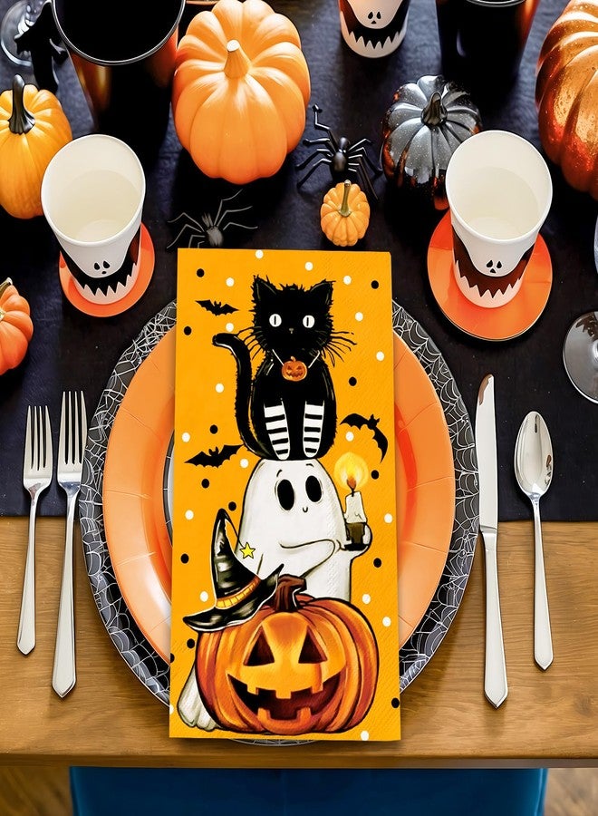 JarThenaAMCS 100Pcs Halloween Paper Guest Napkins Black Cat Pumpkin Ghost Bathroom Napkins Orange Disposable Hand Towel Napkin for Home Party Supplies - Image 5