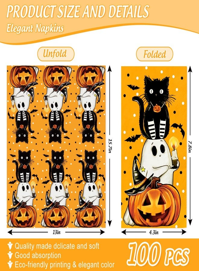 JarThenaAMCS 100Pcs Halloween Paper Guest Napkins Black Cat Pumpkin Ghost Bathroom Napkins Orange Disposable Hand Towel Napkin for Home Party Supplies - Image 2