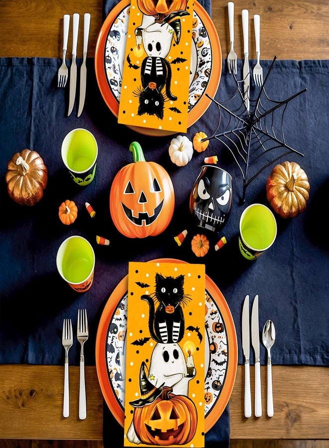 JarThenaAMCS 100Pcs Halloween Paper Guest Napkins Black Cat Pumpkin Ghost Bathroom Napkins Orange Disposable Hand Towel Napkin for Home Party Supplies - Image 3