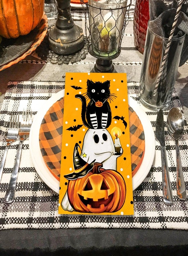 JarThenaAMCS 100Pcs Halloween Paper Guest Napkins Black Cat Pumpkin Ghost Bathroom Napkins Orange Disposable Hand Towel Napkin for Home Party Supplies - Image 4