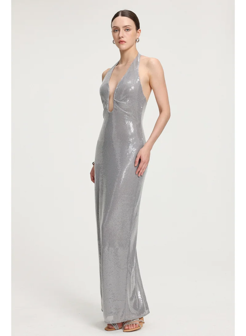 Skye & Iris Sequined Halter V-neck Maxi Dress