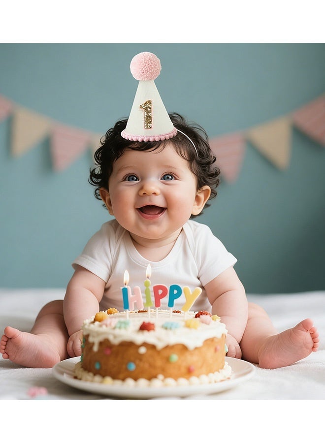 قبعة مخروطية باللون الوردي الفاتح مع شمعة عيد ميلاد أول لطفلات الرضع قبعة حفلة عيد ميلاد أول من القماش المحايد لالتقاط صور تقطيع الكعكة احتفالات عيد الميلاد الأول صور معالم بارزة ملابس الحفلات ديكورات عيد الميلاد - Image 2