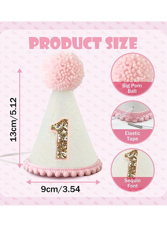 قبعة مخروطية باللون الوردي الفاتح مع شمعة عيد ميلاد أول لطفلات الرضع قبعة حفلة عيد ميلاد أول من القماش المحايد لالتقاط صور تقطيع الكعكة احتفالات عيد الميلاد الأول صور معالم بارزة ملابس الحفلات ديكورات عيد الميلاد - Image 5