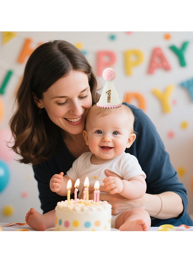 قبعة مخروطية باللون الوردي الفاتح مع شمعة عيد ميلاد أول لطفلات الرضع قبعة حفلة عيد ميلاد أول من القماش المحايد لالتقاط صور تقطيع الكعكة احتفالات عيد الميلاد الأول صور معالم بارزة ملابس الحفلات ديكورات عيد الميلاد - Image 3