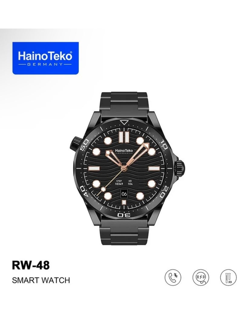 Haino Teko ‏HainoTeko RW48 smartwatch with round-shaped AMOLED display, 3-pair strap and wireless charger for men in grey color - Image 1