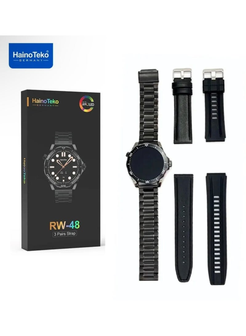 Haino Teko ‏HainoTeko RW48 smartwatch with round-shaped AMOLED display, 3-pair strap and wireless charger for men in grey color - Image 4