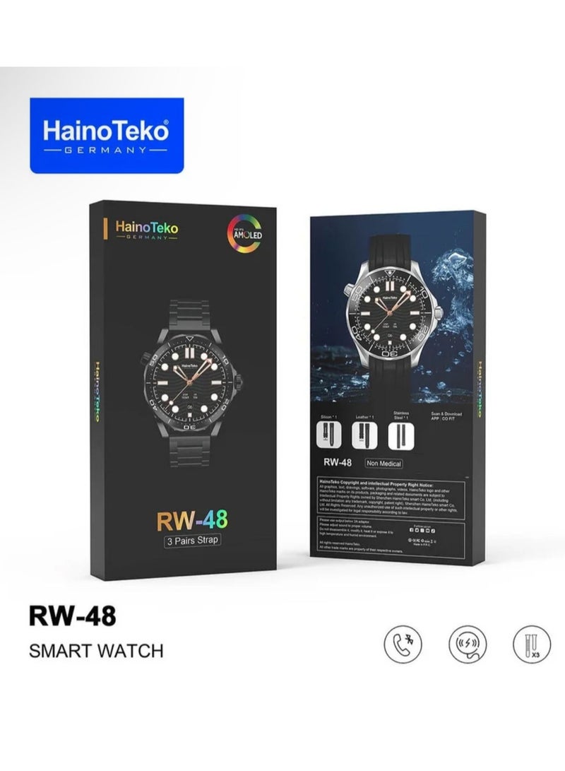 Haino Teko ‏HainoTeko RW48 smartwatch with round-shaped AMOLED display, 3-pair strap and wireless charger for men in grey color - Image 5
