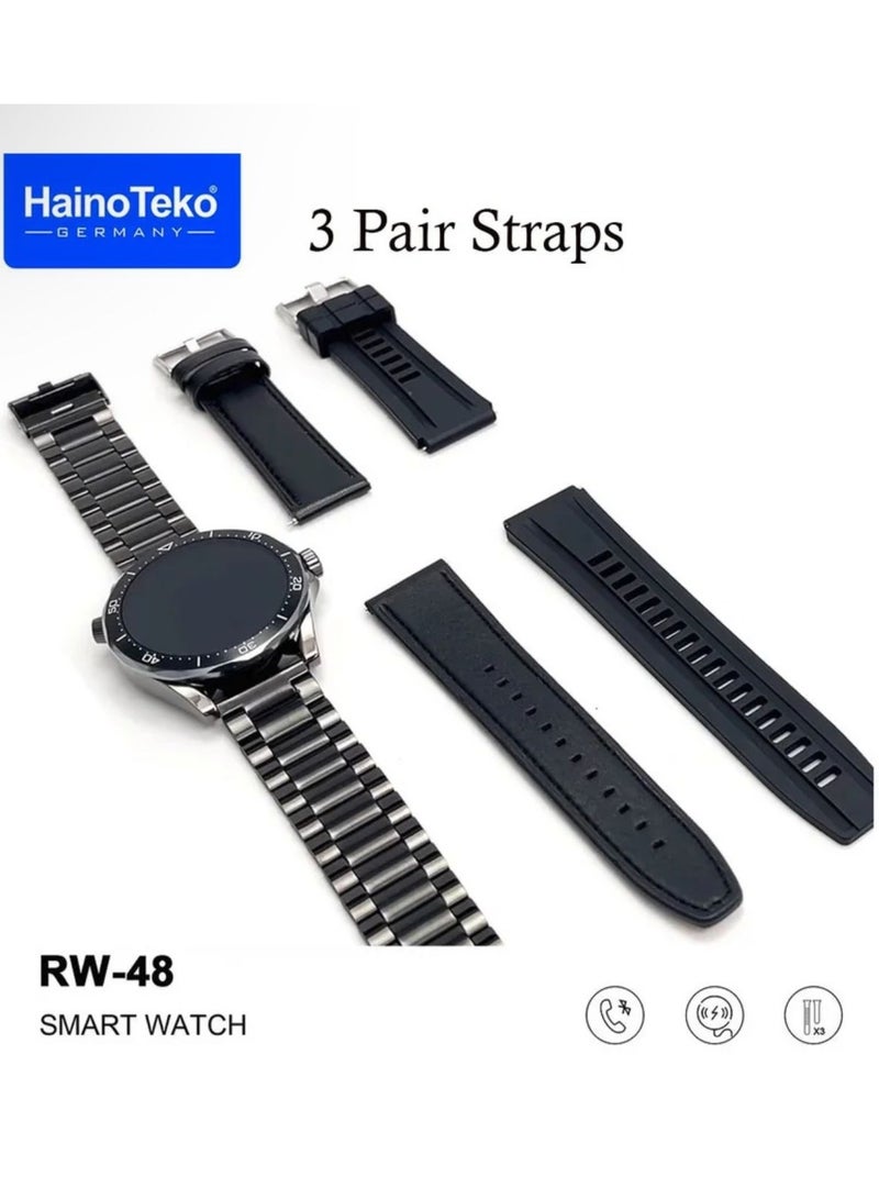 Haino Teko ‏HainoTeko RW48 smartwatch with round-shaped AMOLED display, 3-pair strap and wireless charger for men in grey color - Image 3