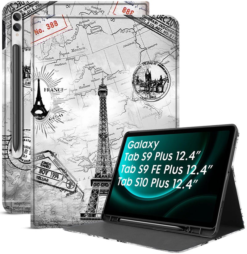 Robustrion Cover Case for Samsung Galaxy Tab S9 FE Plus 12.4 inch/Tab S9 Plus inch, Folio Cover Case with [Pencil Holder] [Auto Sleep Wake] for Samsung Tab S9+ / S9 FE+ Tablet - Eiffel - Image 1