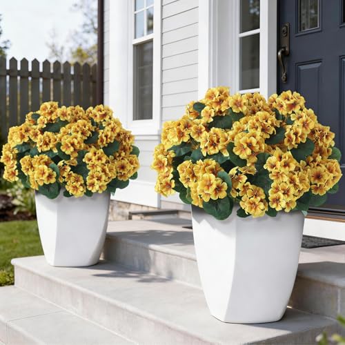 GLIDLION 12 Bundles Artificial Geranium Flowers for Spring Summer Decor, UV-Resistant Fake Plants Realistic Faux Silk Bouquets for Front Door Farmhouse Garden Porch Home Outdoor Decor (Yellow) - Image 1