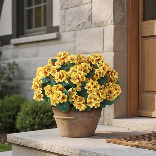GLIDLION 12 Bundles Artificial Geranium Flowers for Spring Summer Decor, UV-Resistant Fake Plants Realistic Faux Silk Bouquets for Front Door Farmhouse Garden Porch Home Outdoor Decor (Yellow) - Image 2