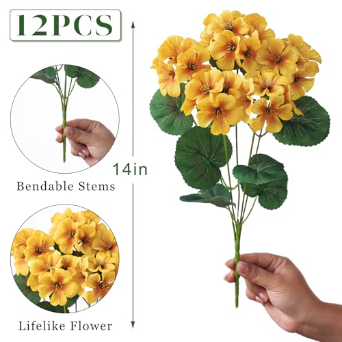 GLIDLION 12 Bundles Artificial Geranium Flowers for Spring Summer Decor, UV-Resistant Fake Plants Realistic Faux Silk Bouquets for Front Door Farmhouse Garden Porch Home Outdoor Decor (Yellow) - Image 5