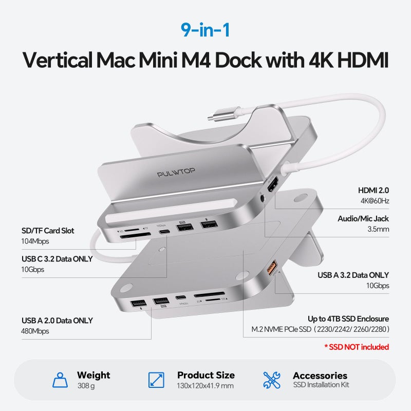 PULWTOP 9 in 1 Mac mini M4 Dock with HDMI 4K & 4TB M.2 SSD Enclosure, Aluminum Vertical USB-C Hub Stand for Mac mini M4 Pro Hub, USB-A/C 10Gbps, 2xUSB-A 2.0, 3.5mm Audio, SD/TF (SSD NOT Included) - Image 2